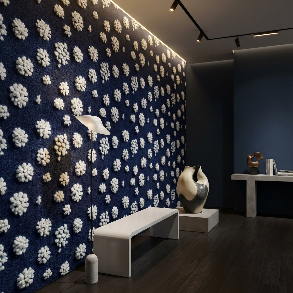 Lacivert Zemin Beyaz Çiçekli Duvar Kağıdı Modern Salon