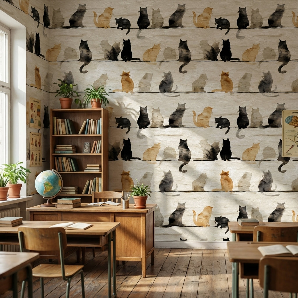 Suluboya Kedi Desenli Duvar Kağıdı Bej Çocuk Odası