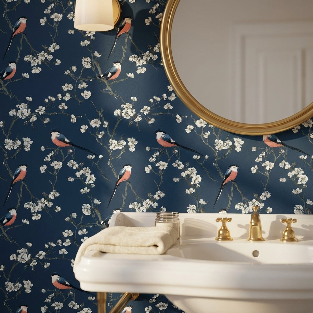 Kuş ve Çiçek Desenli Duvar Kağıdı Lacivert Banyo