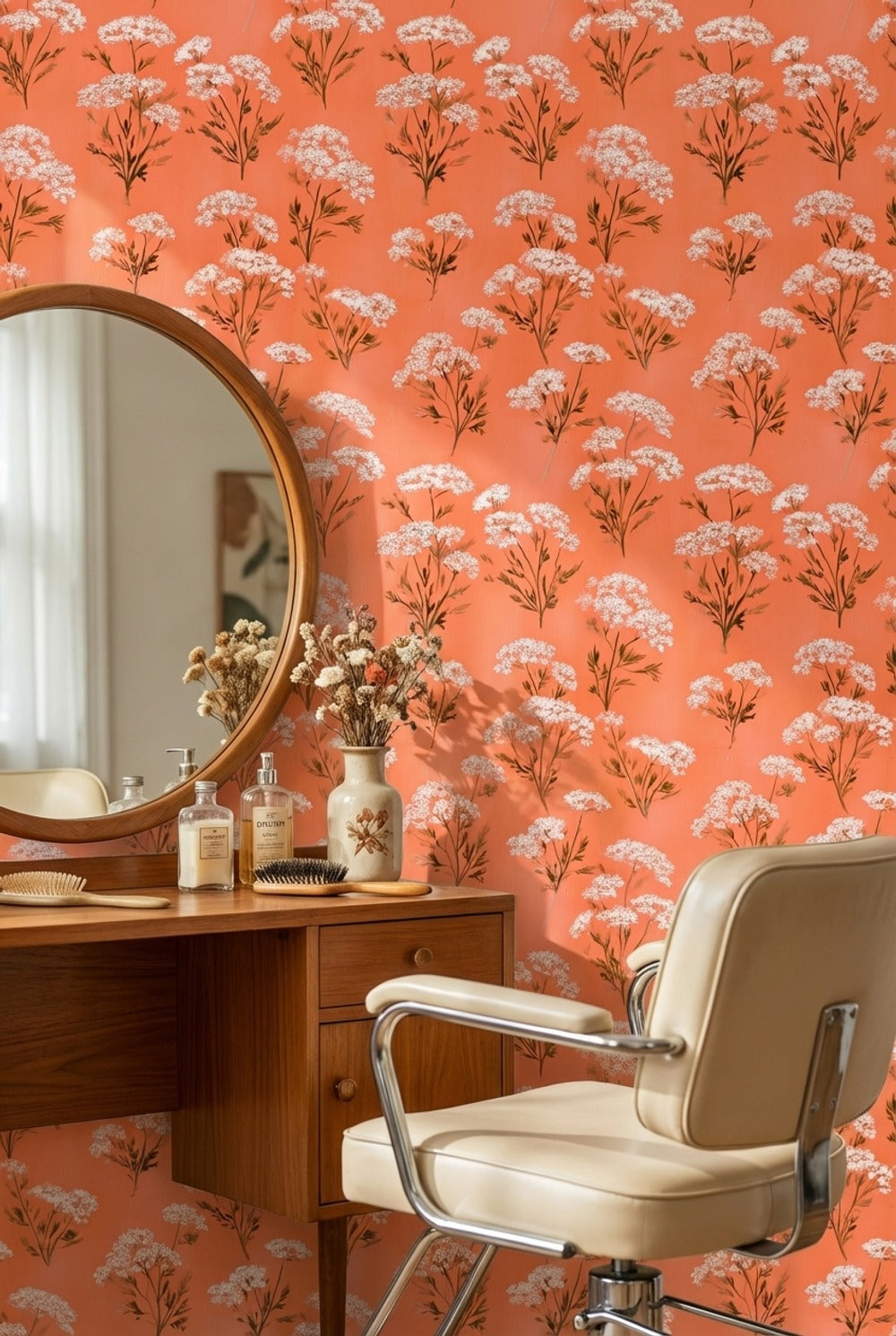 Terracotta Çiçek Desenli Duvar Kağıdı Retro Salon Duvar Dekoru