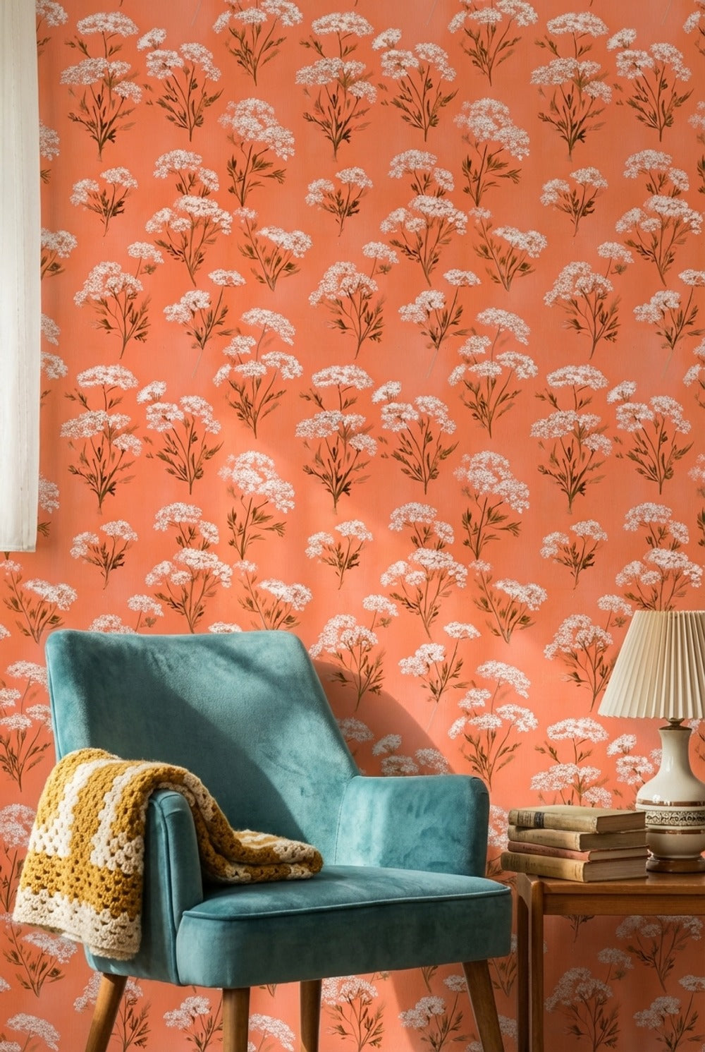 Terracotta Çiçek Desenli Duvar Kağıdı Retro Salon Duvar Dekoru