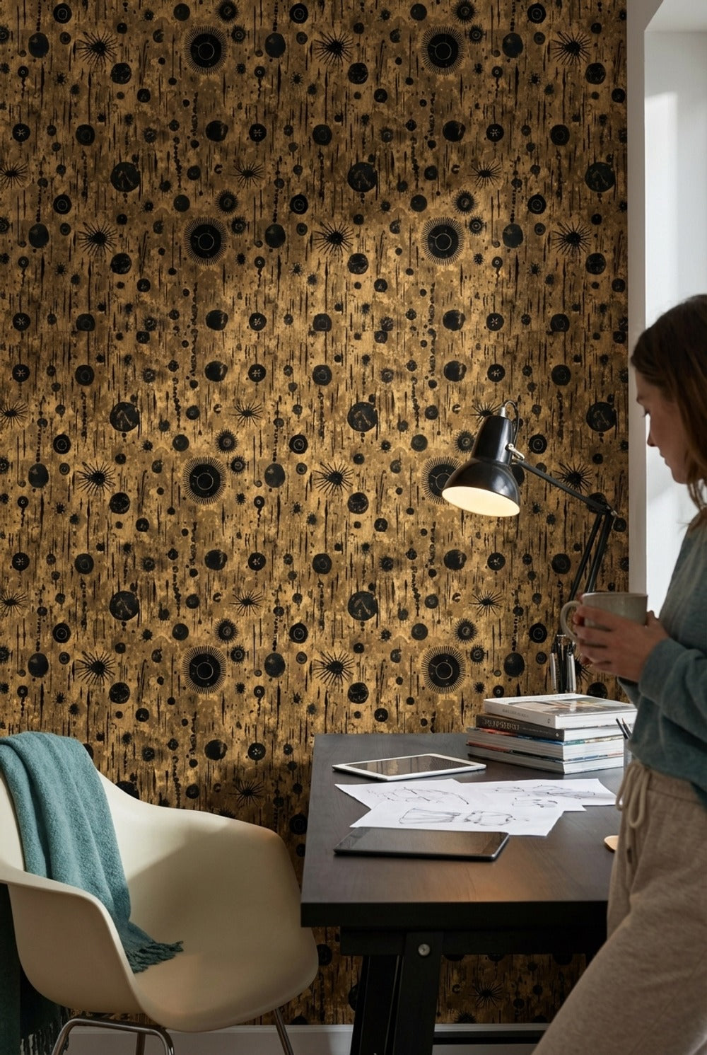 Kahverengi Siyah Soyut Noktalı Duvar Kağıdı Modern Salon