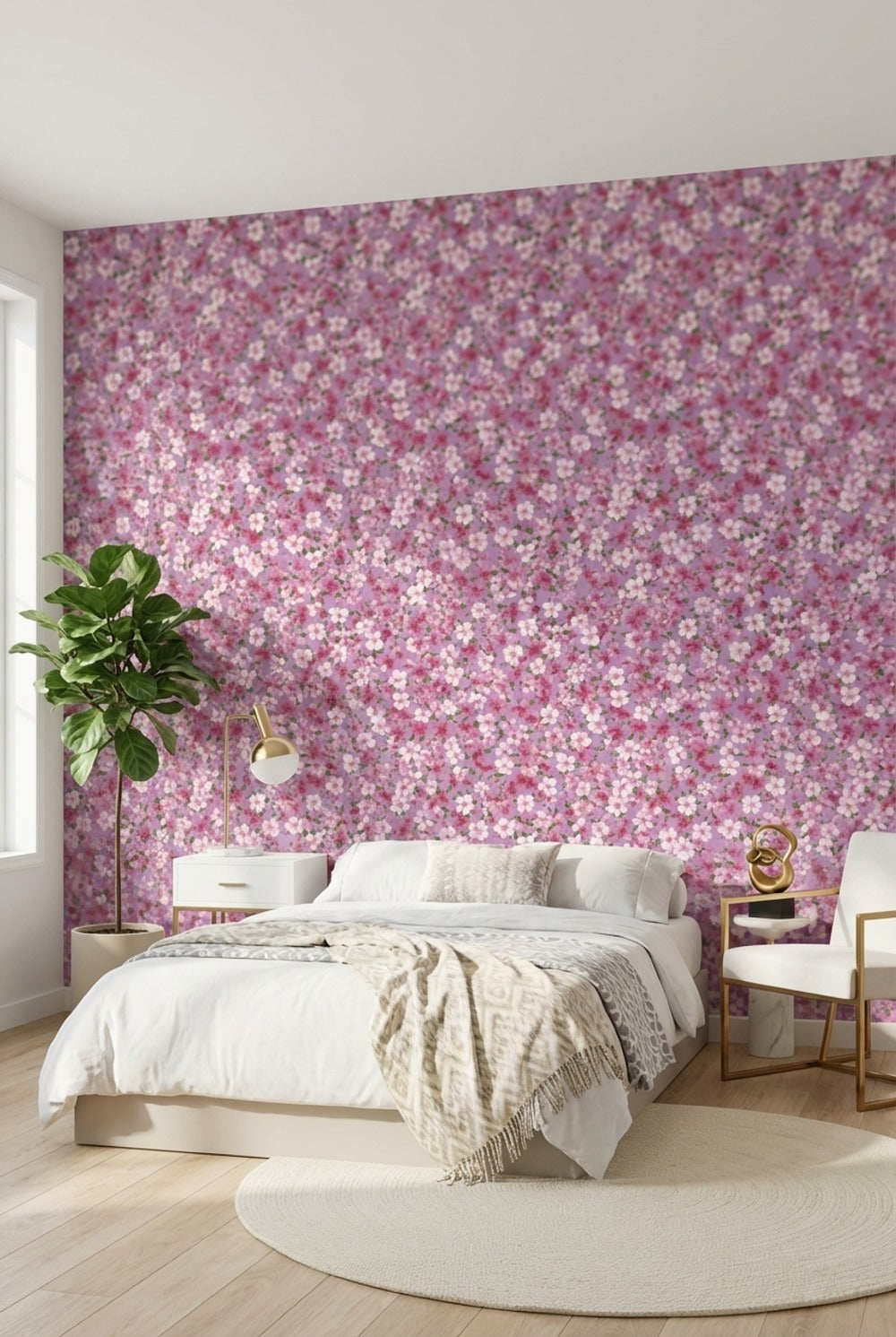 Pembe Sakura Çiçekli Duvar Kağıdı Mor Zeminli Vintage Desen