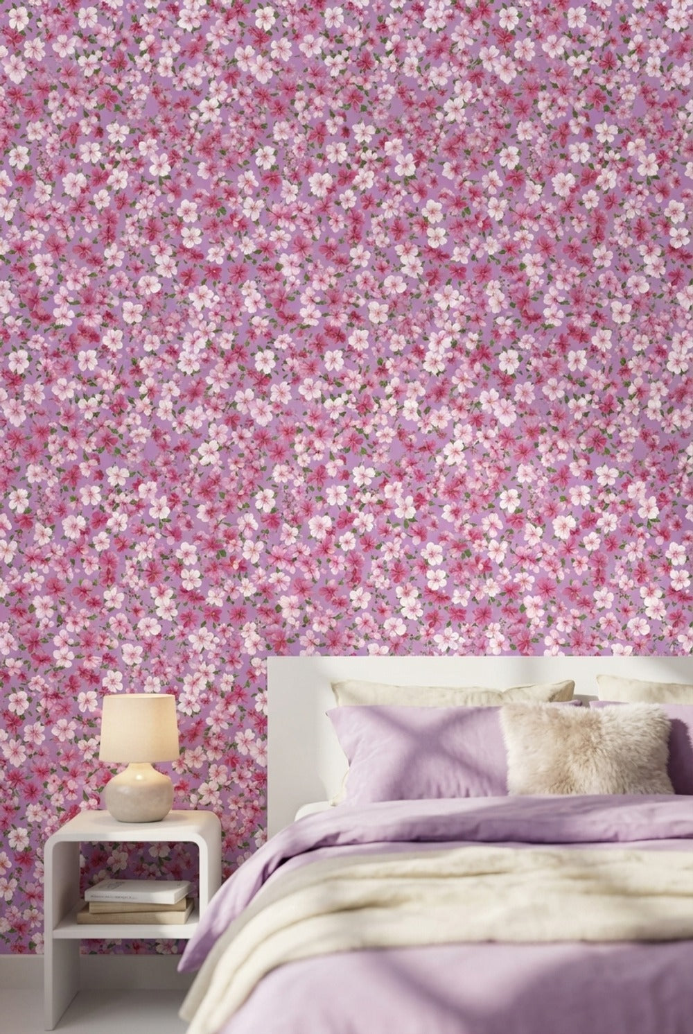 Pembe Sakura Çiçekli Duvar Kağıdı Mor Zeminli Vintage Desen