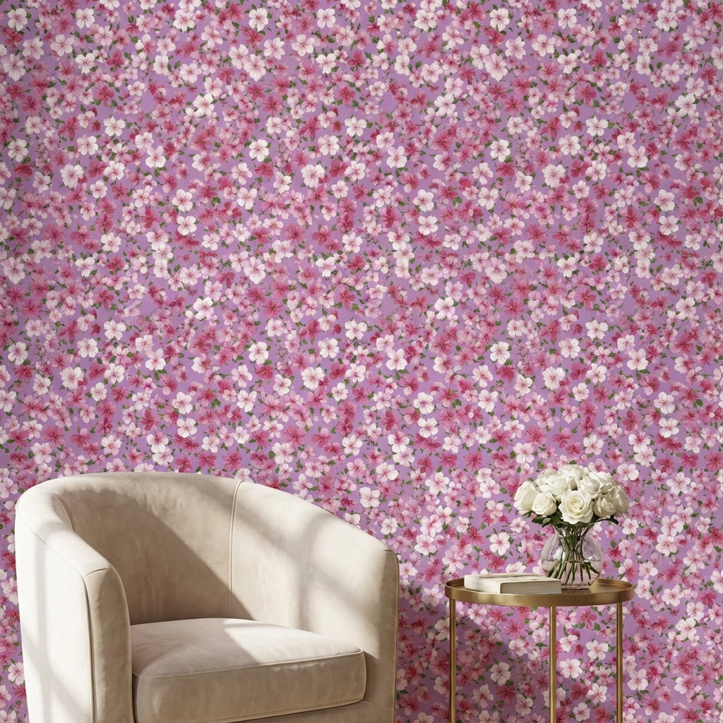 Pembe Sakura Çiçekli Duvar Kağıdı Mor Zeminli Vintage Desen