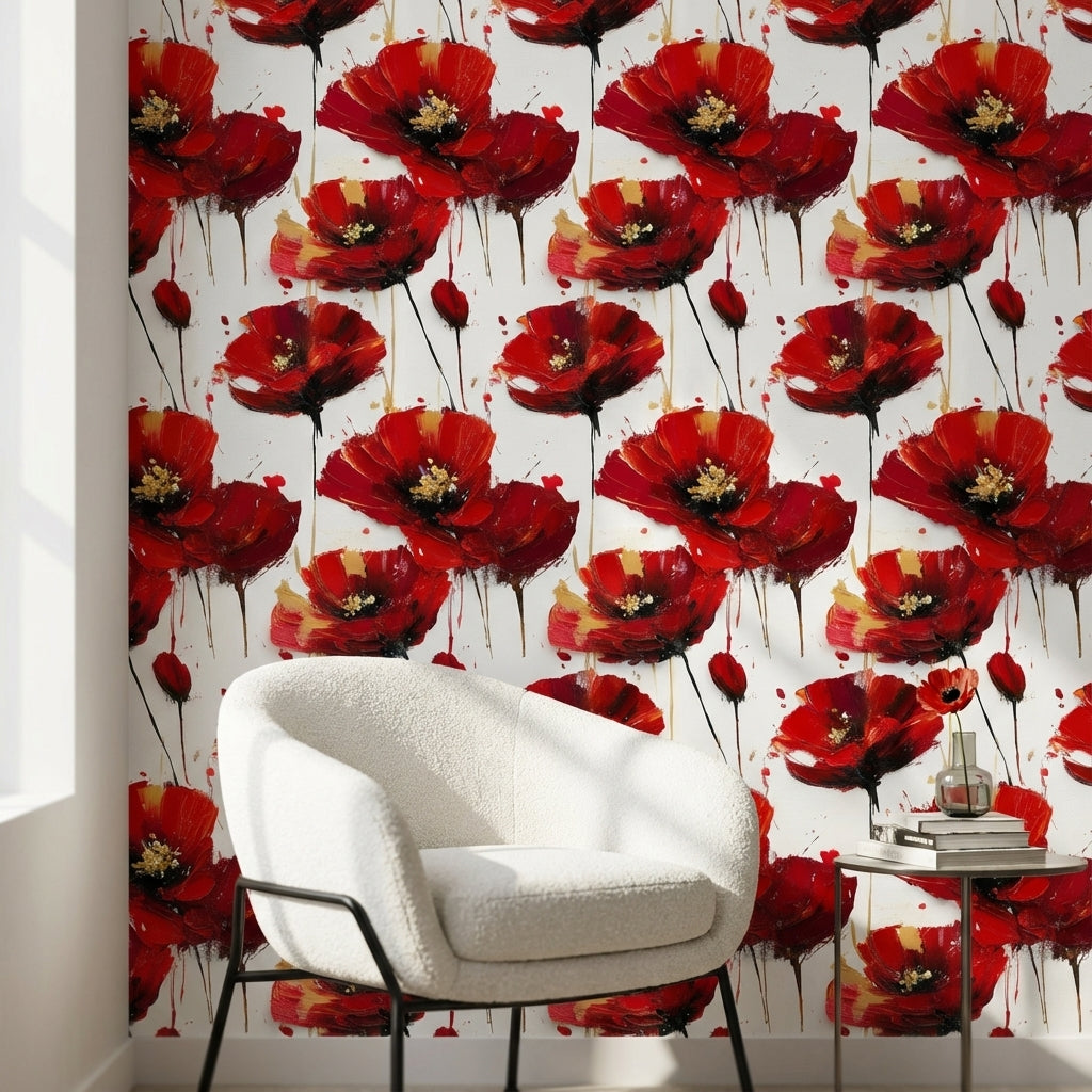 Kırmızı Gelincik Çiçekli Duvar Kağıdı Modern Salon Deseni