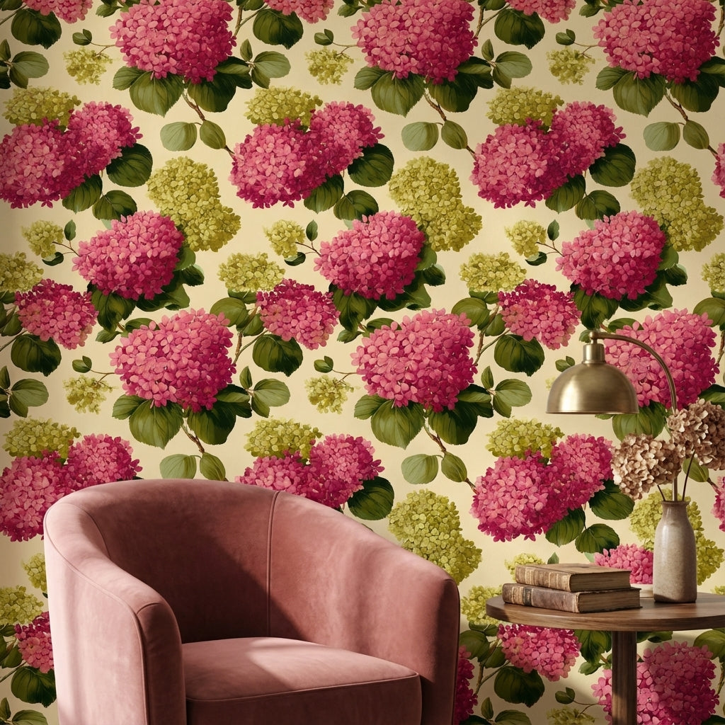 Ortanca Çiçekli Duvar Kağıdı Pembe Yeşil Vintage Desenli