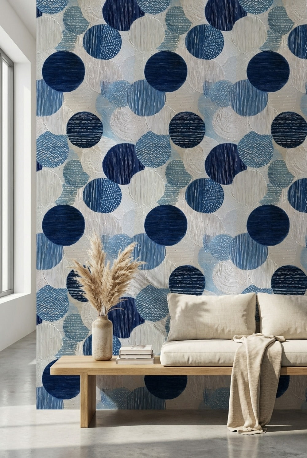 Mavi Daireli Geometrik Duvar Kağıdı Modern Salon Deseni