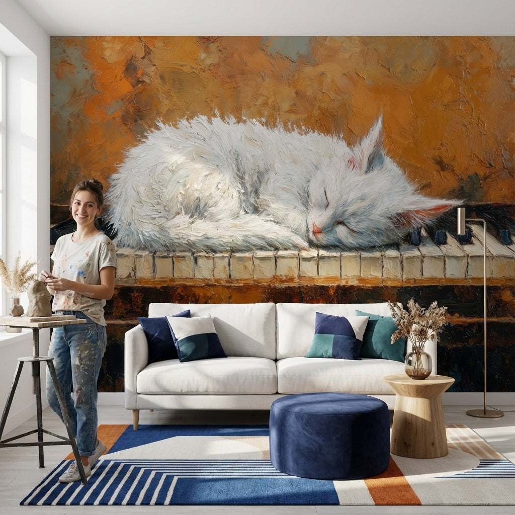 Uyuyan Kedi Poster Duvar Kağıdı Turuncu Fon Salon