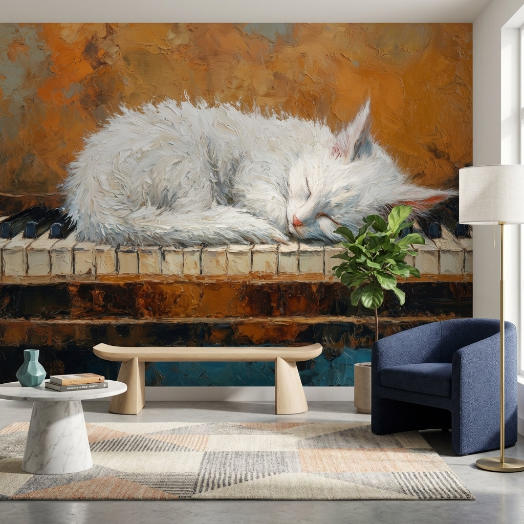 Uyuyan Kedi Poster Duvar Kağıdı Turuncu Fon Salon