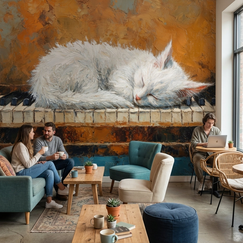Uyuyan Kedi Poster Duvar Kağıdı Turuncu Fon Salon