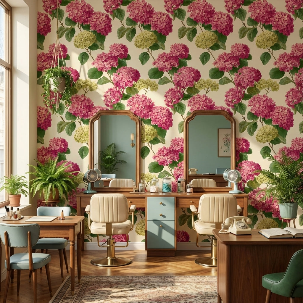 Ortanca Çiçekli Duvar Kağıdı Pembe Yeşil Salon Deseni