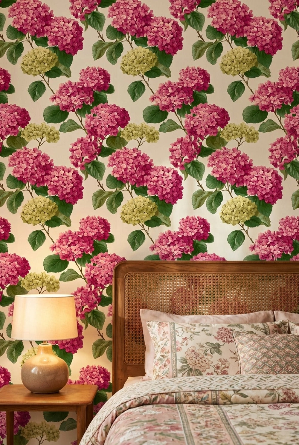 Ortanca Çiçekli Duvar Kağıdı Pembe Yeşil Salon Deseni