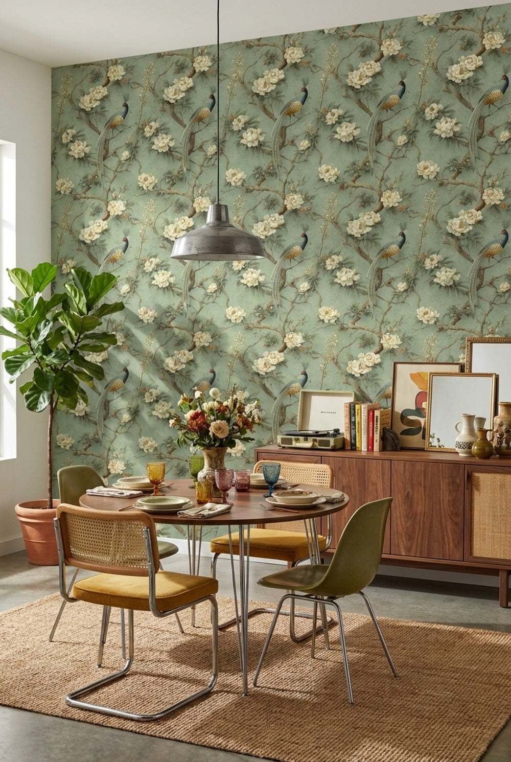 Çiçekli Kuş Desenli Duvar Kağıdı Yeşil Vintage Salon