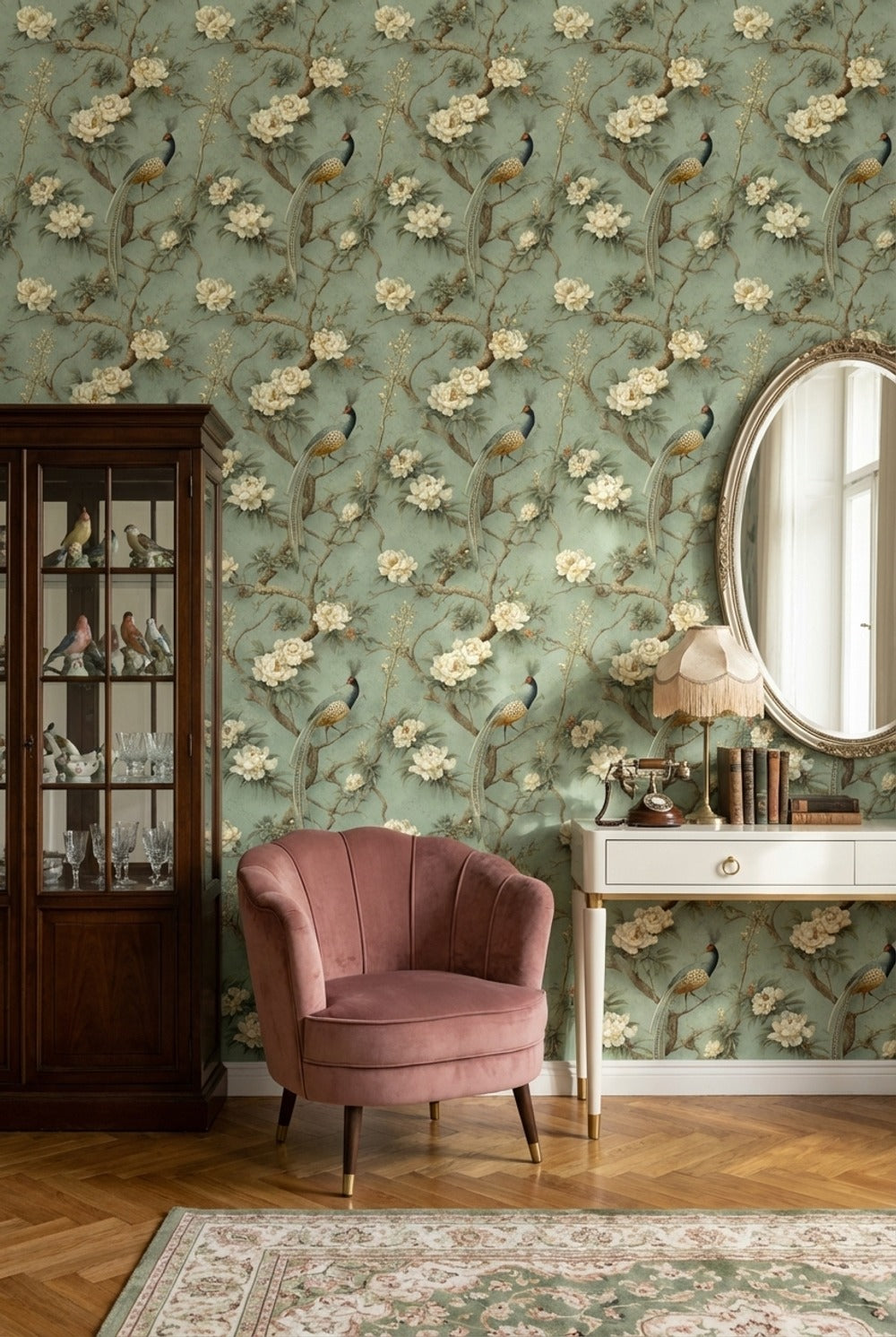 Çiçekli Kuş Desenli Duvar Kağıdı Yeşil Vintage Salon