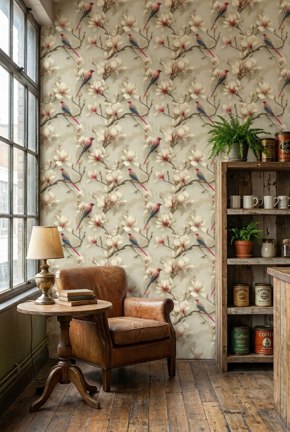 Çiçekli Kuş Desenli Duvar Kağıdı Krem Vintage Salon
