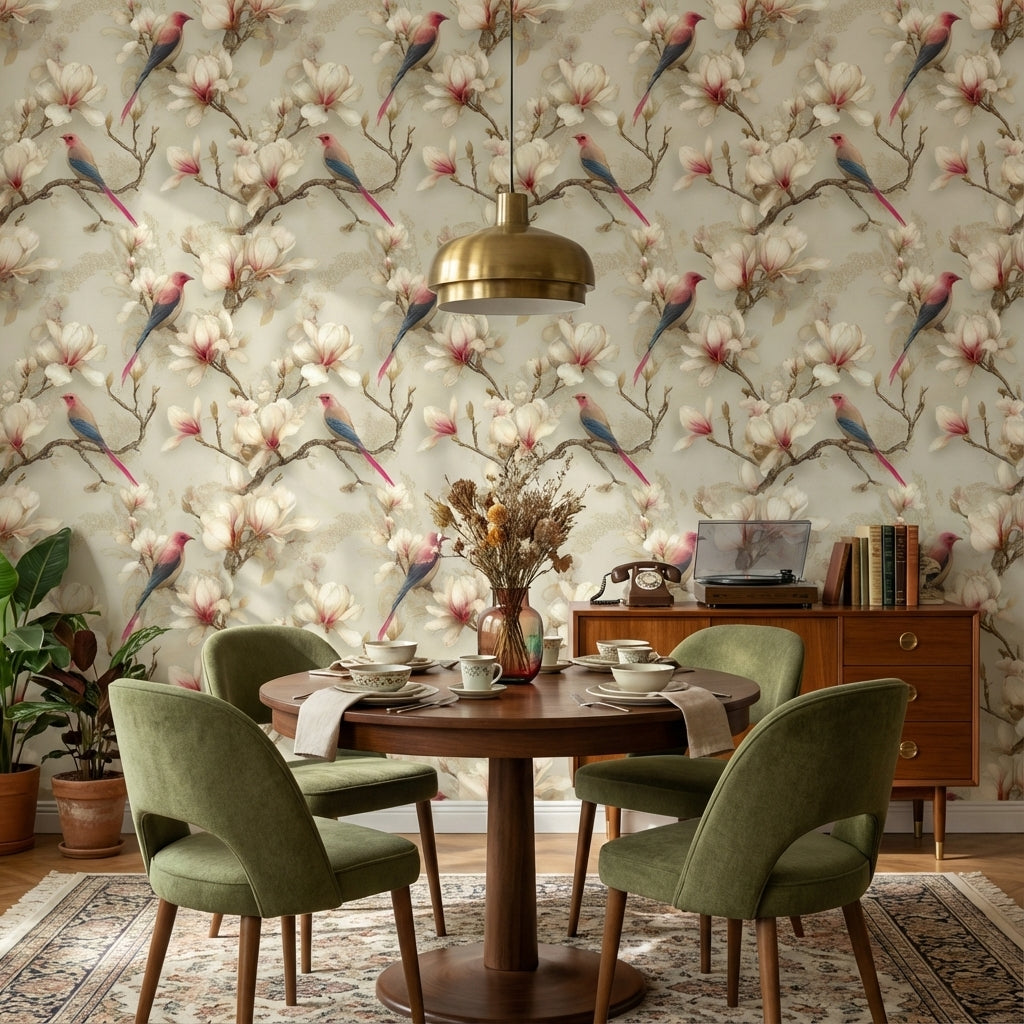 Çiçekli Kuş Desenli Duvar Kağıdı Krem Vintage Salon