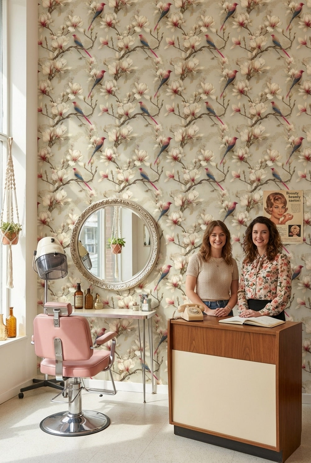 Çiçekli Kuş Desenli Duvar Kağıdı Krem Vintage Salon