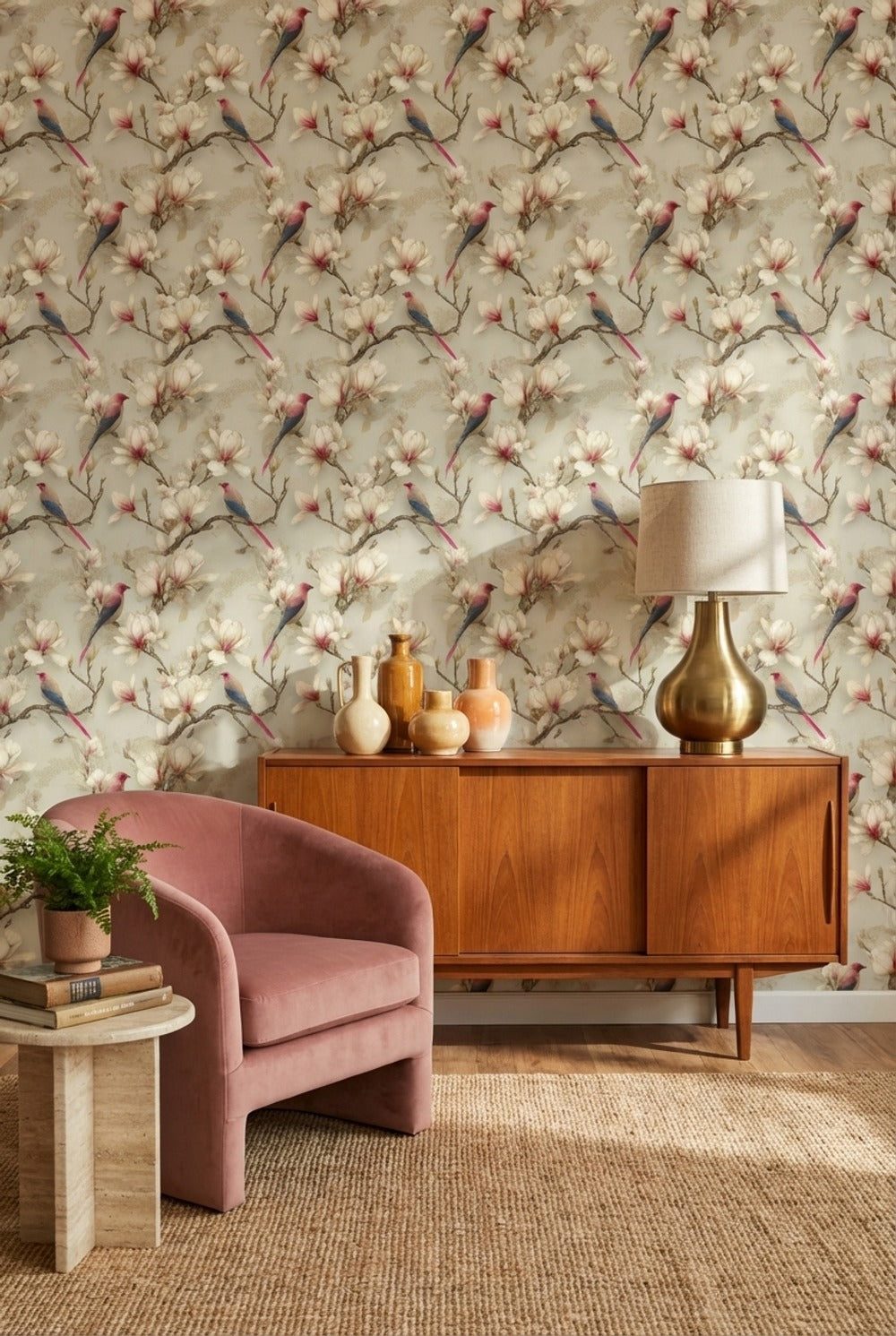 Çiçekli Kuş Desenli Duvar Kağıdı Krem Vintage Salon