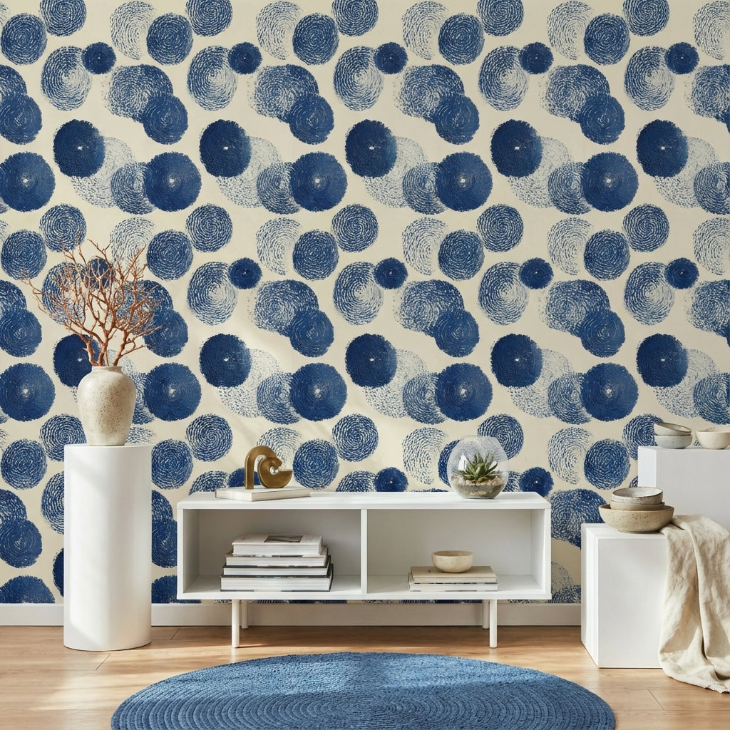 Mavi Daire Desenli Duvar Kağıdı Modern Salon Ofis