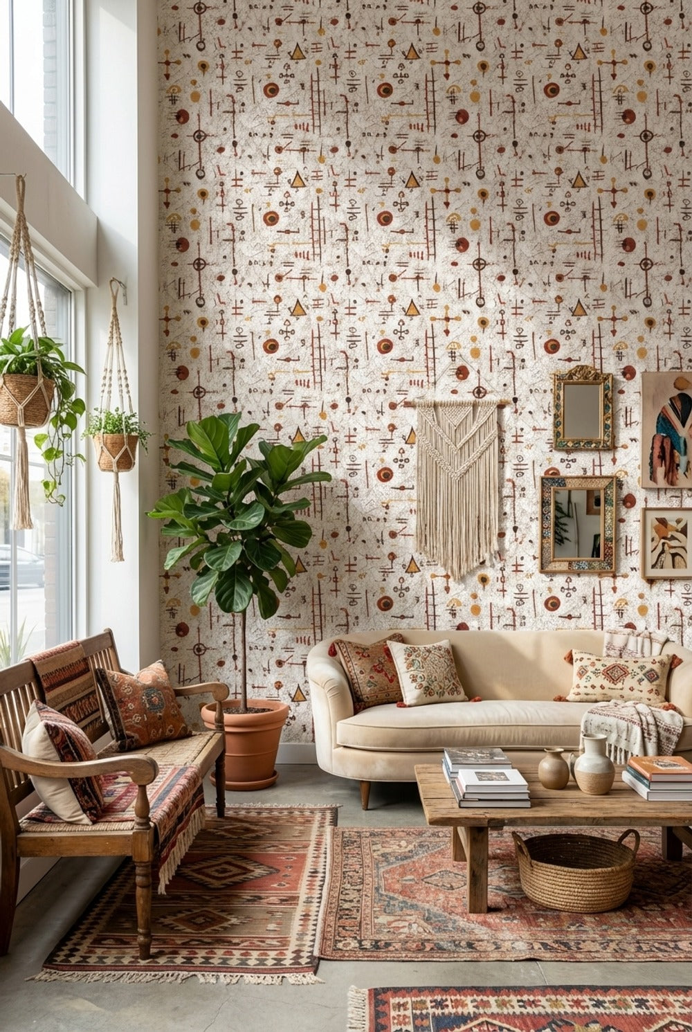 Geometrik Sembollü Duvar Kağıdı Bej Turuncu Modern Desen