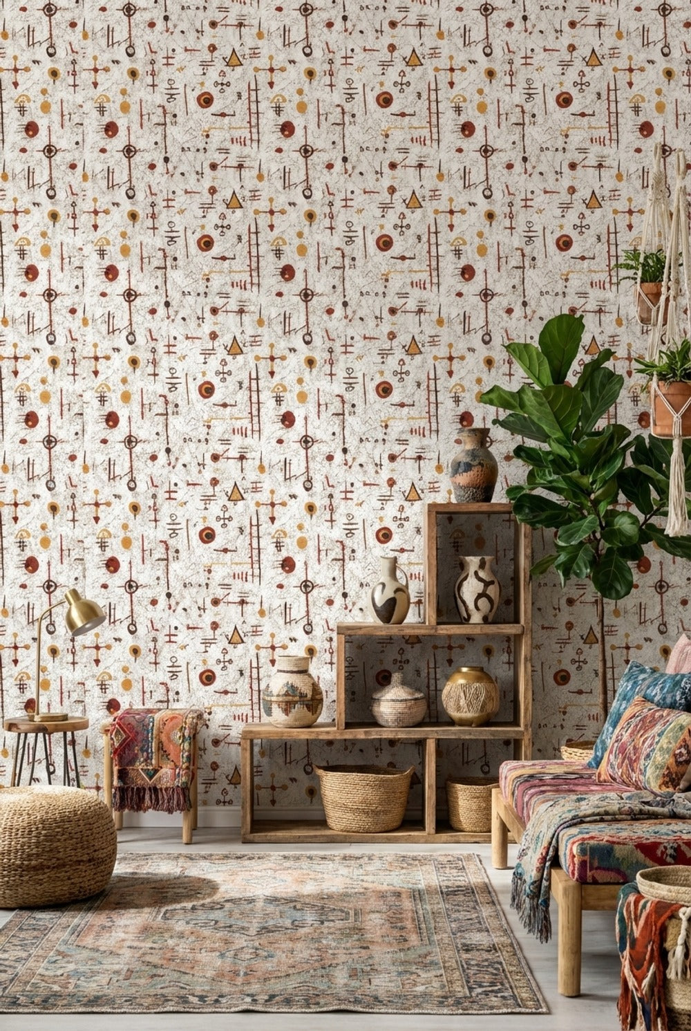 Geometrik Sembollü Duvar Kağıdı Bej Turuncu Modern Desen