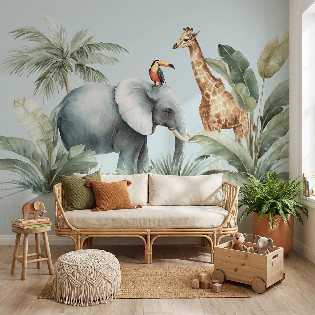 Safari Hayvanlı Poster Duvar Kağıdı Pastel Yeşil Çocuk Odası