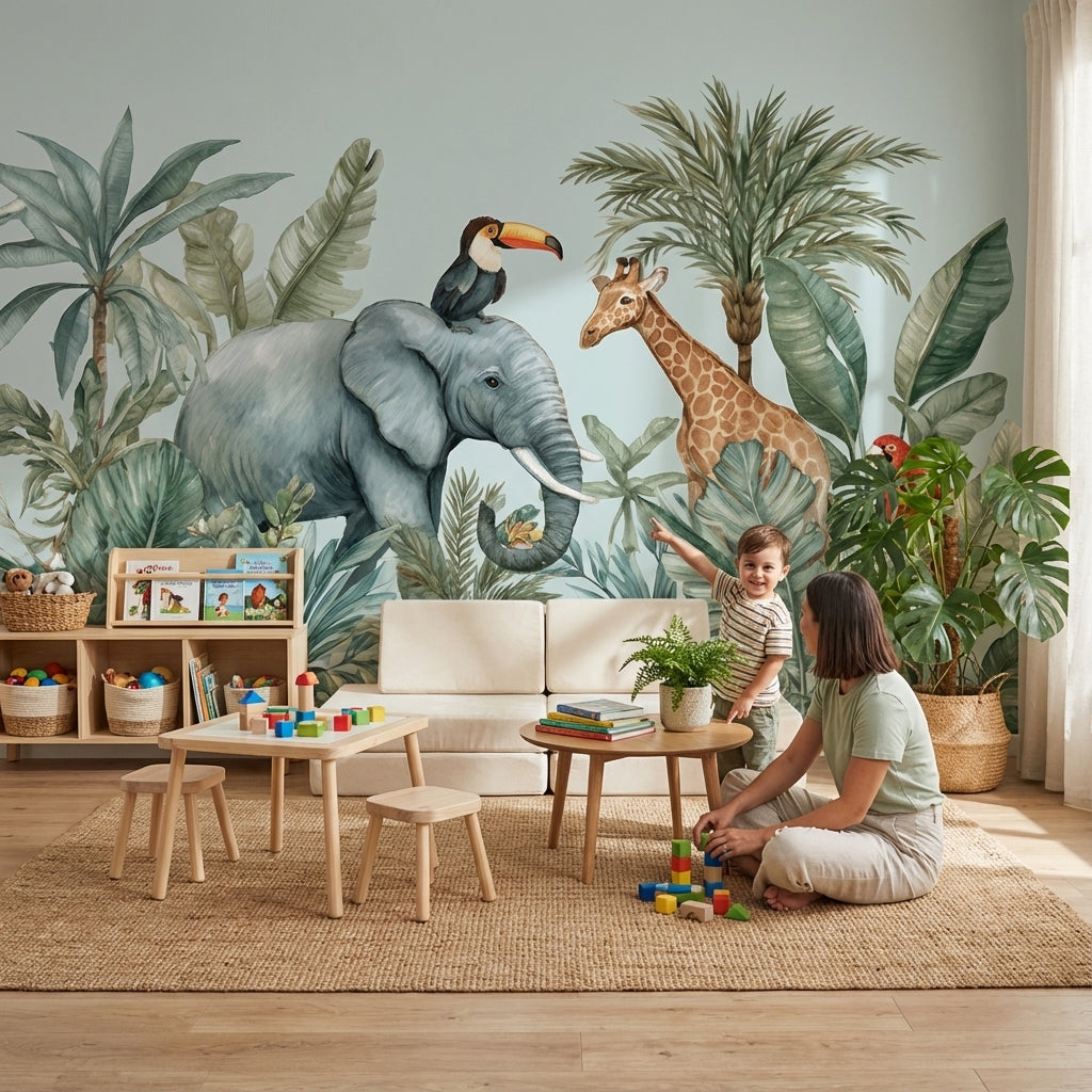 Safari Hayvanlı Poster Duvar Kağıdı Yeşil Çocuk Odası