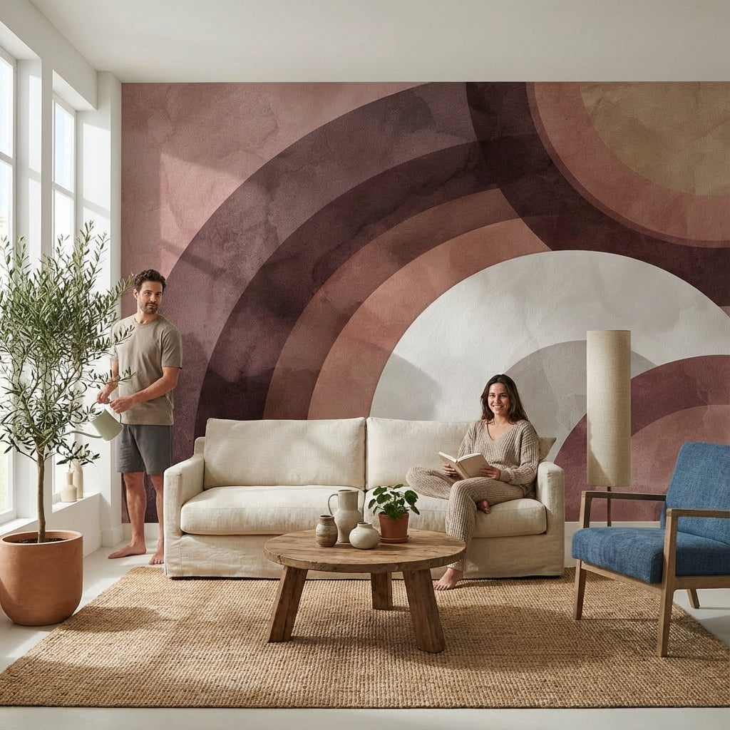 Soyut Kemer Desenli Poster Duvar Kağıdı Bordo Bej Salon