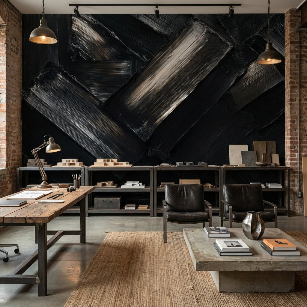 Siyah Soyut Fırça Darbeli Poster Duvar Kağıdı Modern Salon