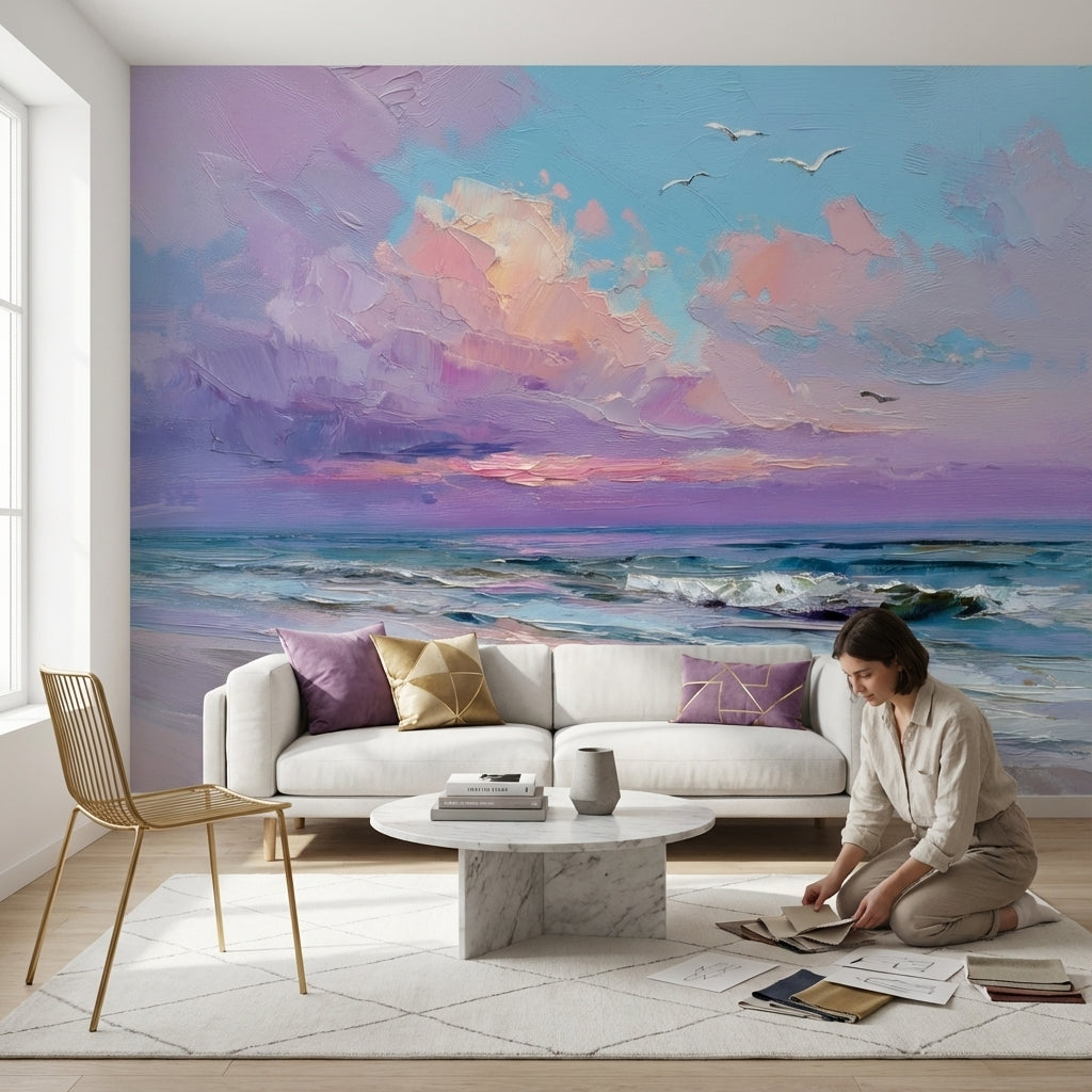 Mor Bulutlu Deniz Manzarası Poster Duvar Kağıdı Salon