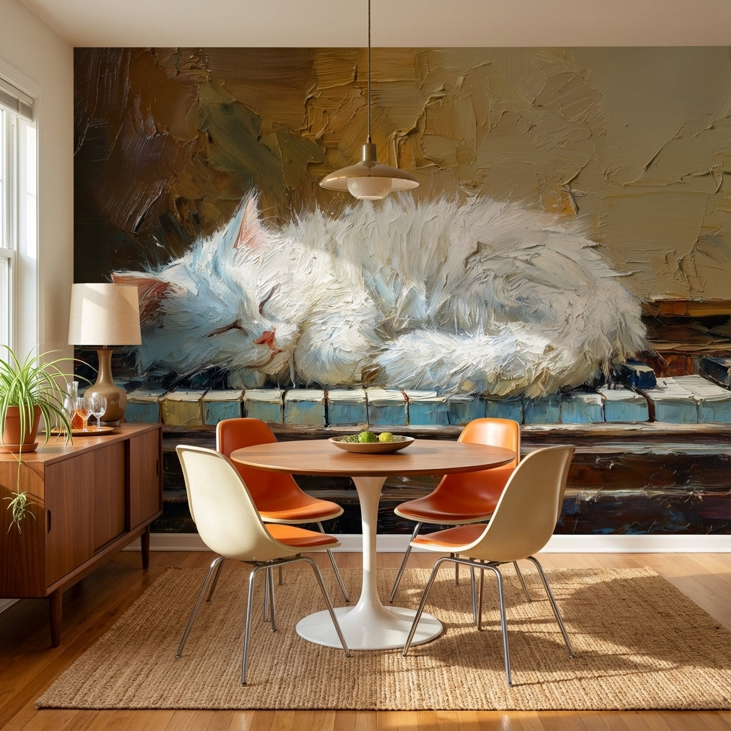 Beyaz Kedi İllüstrasyonlu Poster Duvar Kağıdı Kahverengi Sanatsal