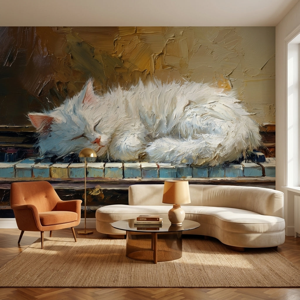 Beyaz Kedi İllüstrasyonlu Poster Duvar Kağıdı Kahverengi Sanatsal