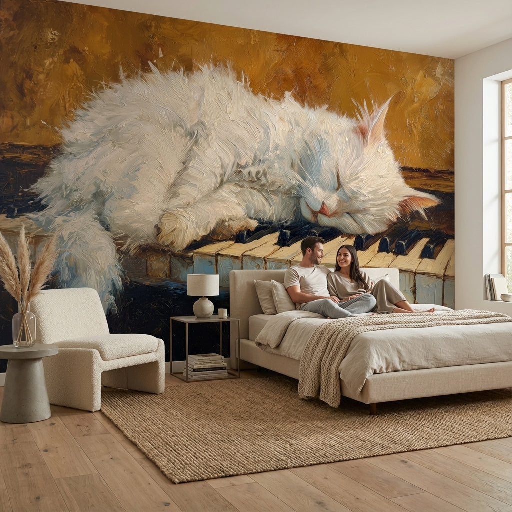 Piyano Tuşlarında Uyuyan Kedi Poster Duvar Kağıdı Salon