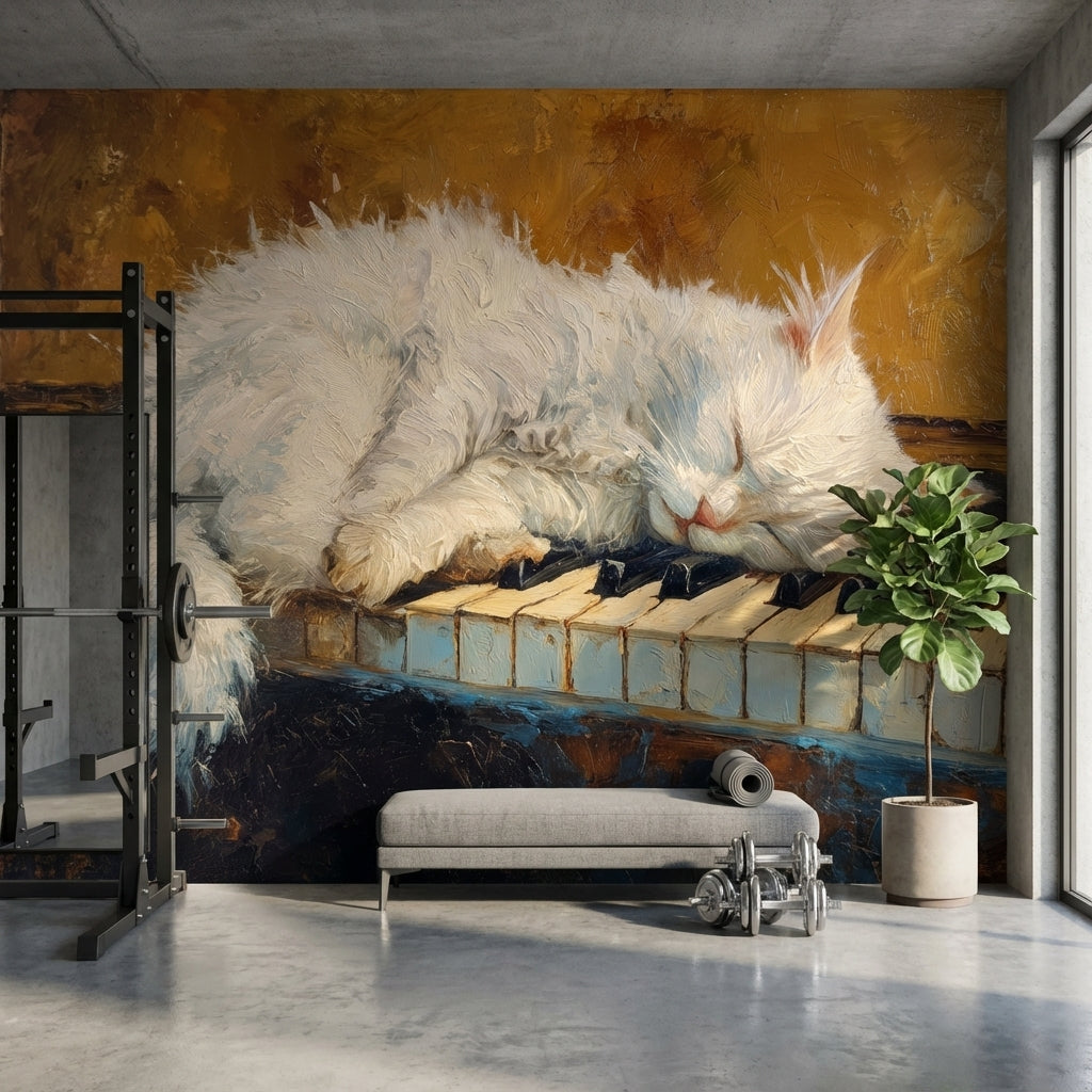 Piyano Tuşlarında Uyuyan Kedi Poster Duvar Kağıdı Salon