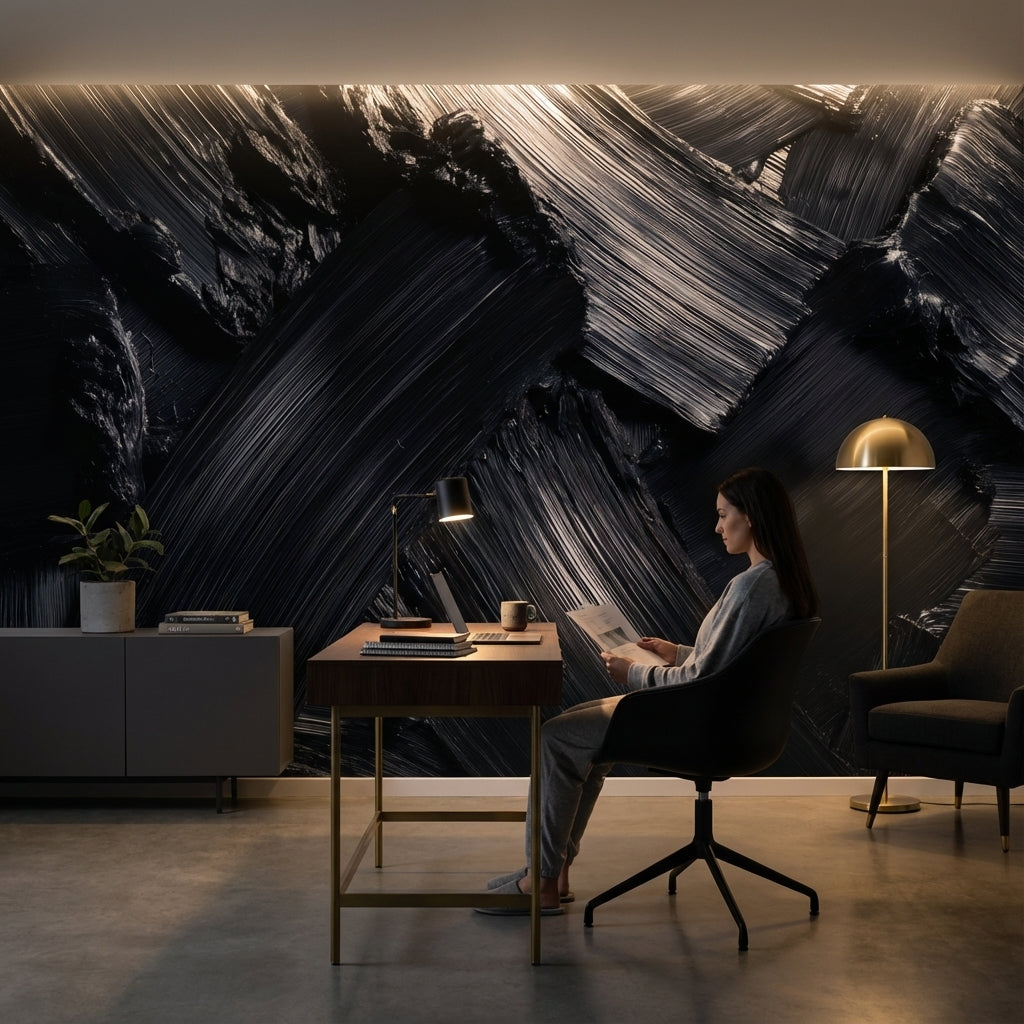Siyah Soyut Fırça Darbeli Poster Duvar Kağıdı Modern Salon