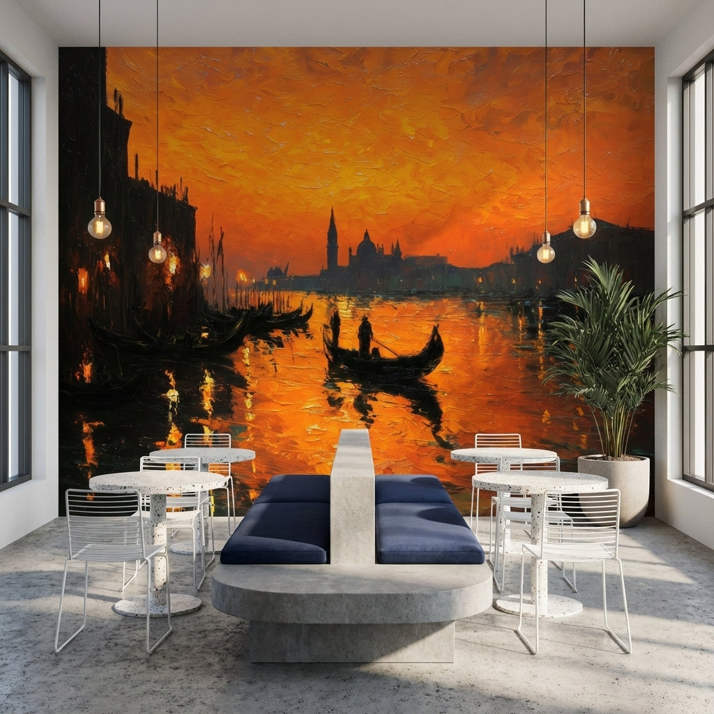 Gün Batımı Venedik Kanalı Poster Duvar Kağıdı Turuncu Salon