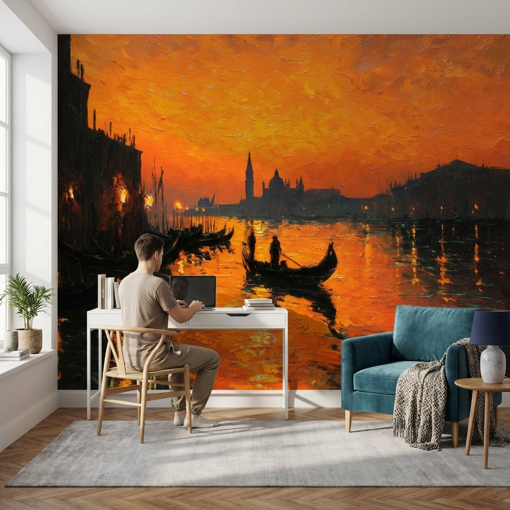 Gün Batımı Venedik Kanalı Poster Duvar Kağıdı Turuncu Salon