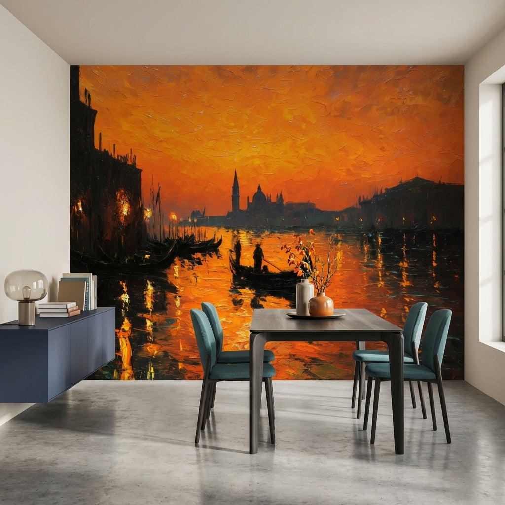 Gün Batımı Venedik Kanalı Poster Duvar Kağıdı Turuncu Salon