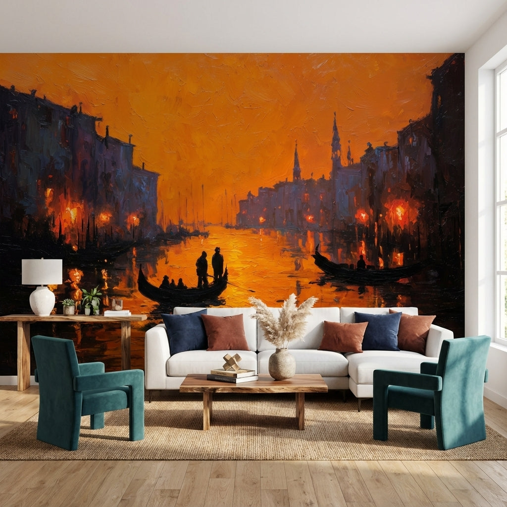 Gün Batımı Şehir Manzarası Poster Duvar Kağıdı Turuncu Salon