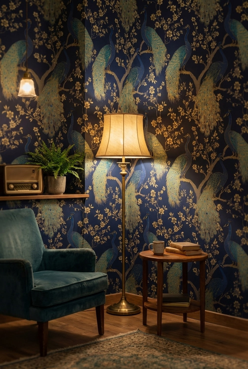Tavus Kuşu Desenli Duvar Kağıdı Lacivert Altın Salon