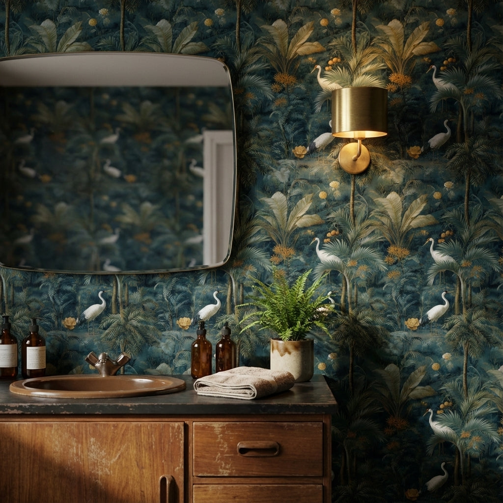 Tropikal Kuşlu Duvar Kağıdı Koyu Yeşil Vintage Salon
