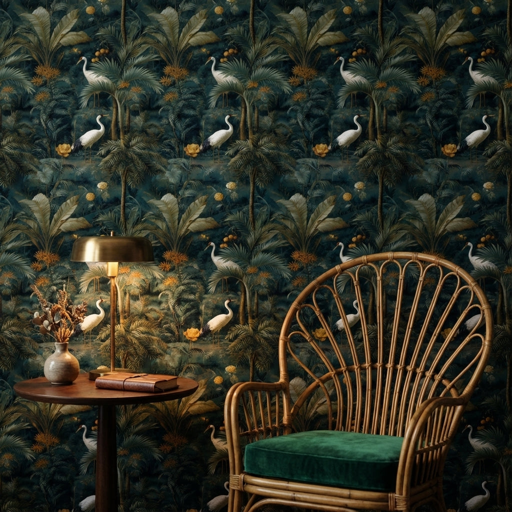 Tropikal Kuşlu Duvar Kağıdı Koyu Yeşil Vintage Salon