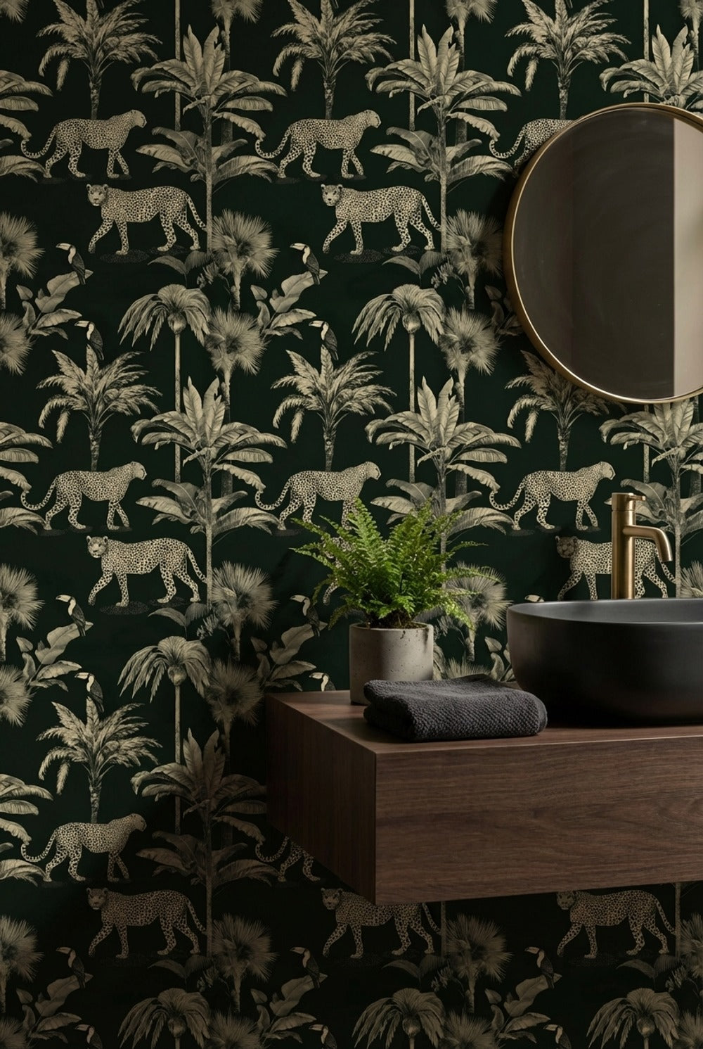 Leoparlı Tropikal Orman Duvar Kağıdı Siyah Yeşil Salon