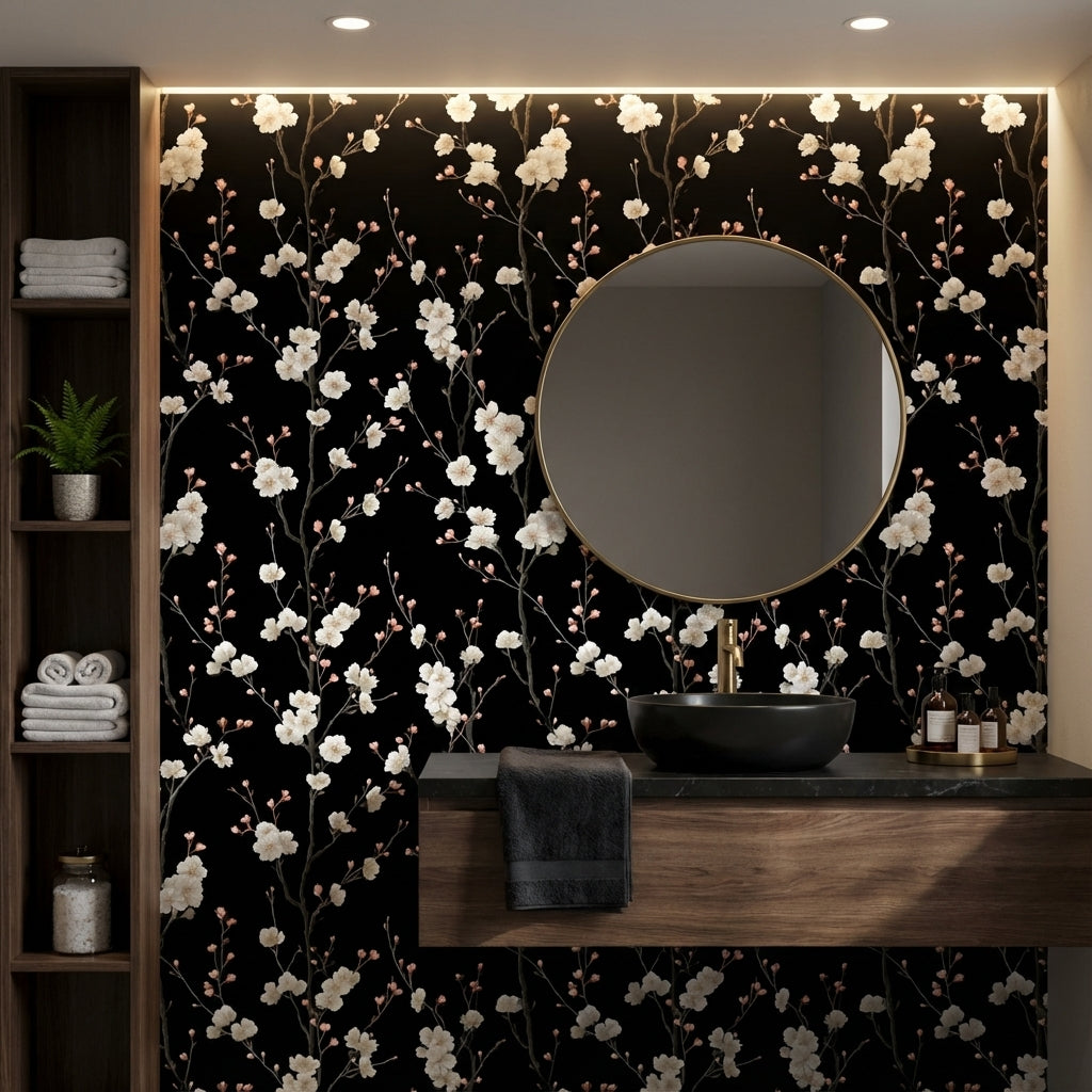 Siyah Zemin Beyaz Çiçekli Duvar Kağıdı Banyo Deseni