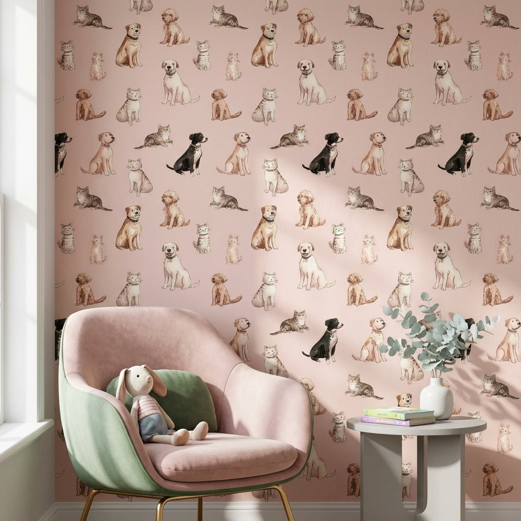 Kedi Köpek Desenli Duvar Kağıdı Pudra Pembe Çocuk Odası