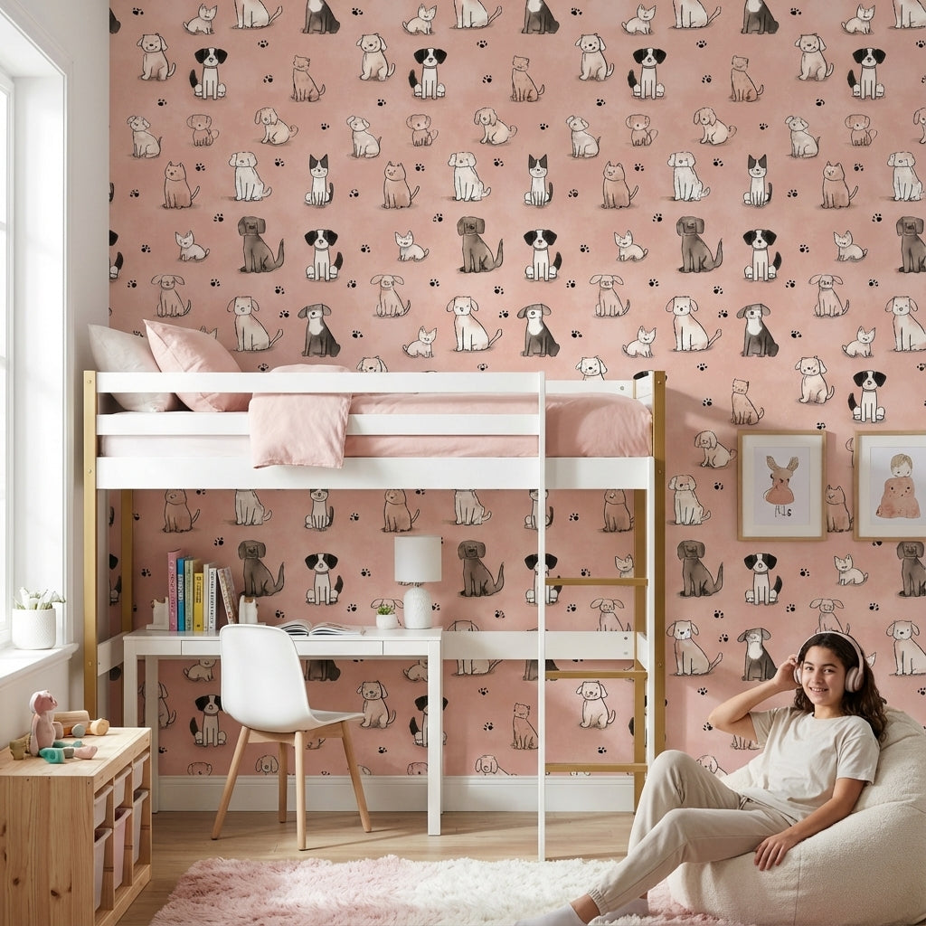 Sevimli Kedi Köpek Desenli Duvar Kağıdı Pembe Çocuk Odası