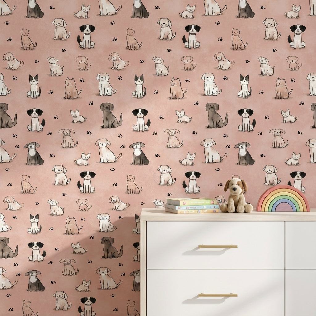 Sevimli Kedi Köpek Desenli Duvar Kağıdı Pembe Çocuk Odası