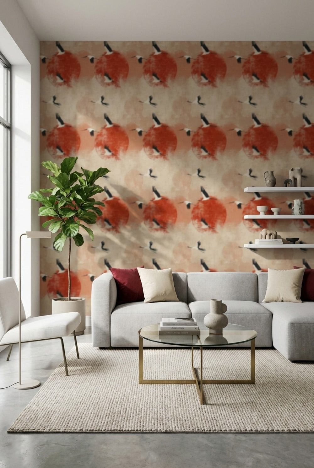 Uçan Turnalı Duvar Kağıdı Kırmızı Güneş Desenli Salon