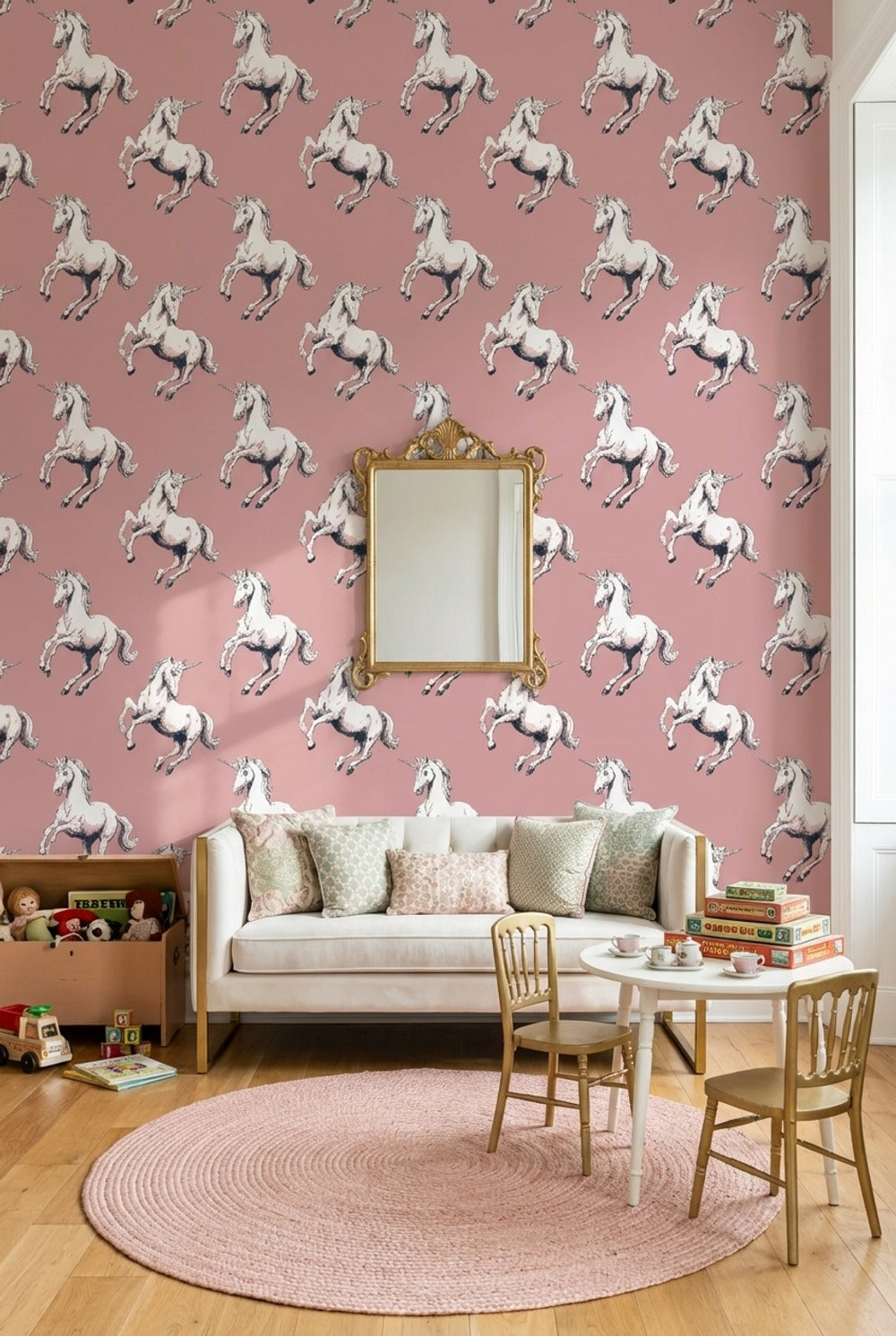 Unicorn Desenli Duvar Kağıdı Pudra Pembe Çocuk Odası